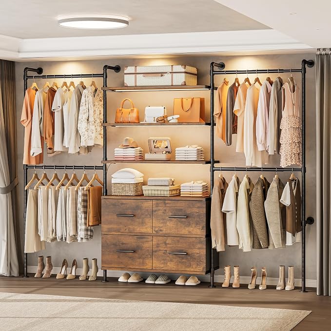 T3 Closet System with Stepless Dimmable LED Light, Industrial Pipe Clothing Rack with 4 Drawers, 6 Wooden Shelves & 4 Telescopic Rods, Heavy Duty Closet Organizers in Wardrobe Closet (Rustic Brown)