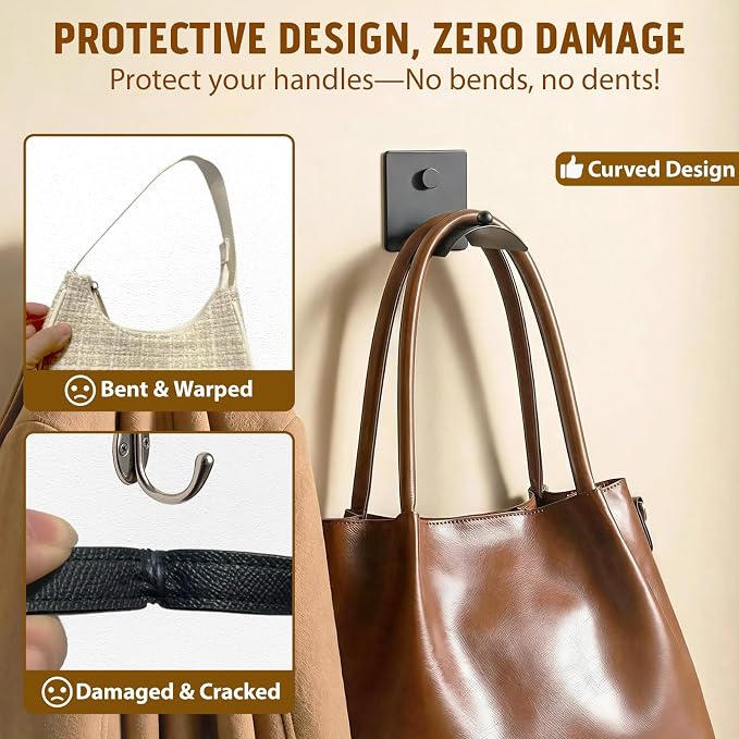 Wall Mounted Purse Organizer for Closet – Arc Handbag Holder Protects Handles & Saves Space, Adhesive or Screw Mount, Purse Hanger for Bedroom, Entryway, Office & Closet Storage/Organization, White