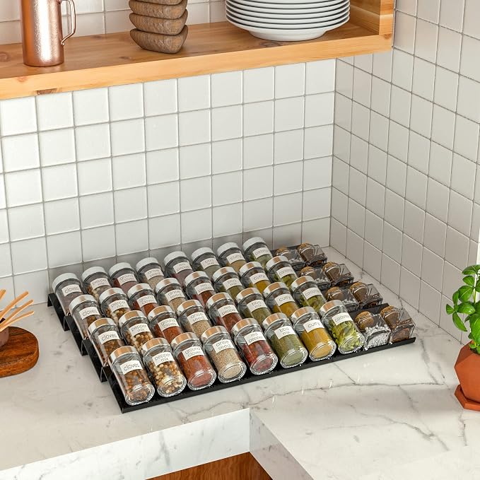 Sezanrpt Acrylic Spice Drawer Organizer Rack Adjustable From 12 Inch to 24 Inch Wide, 4 Tier Spice Organizer Shelf for Kitchen Drawer Display, Kitchen Spice Rack Tray for Drawer