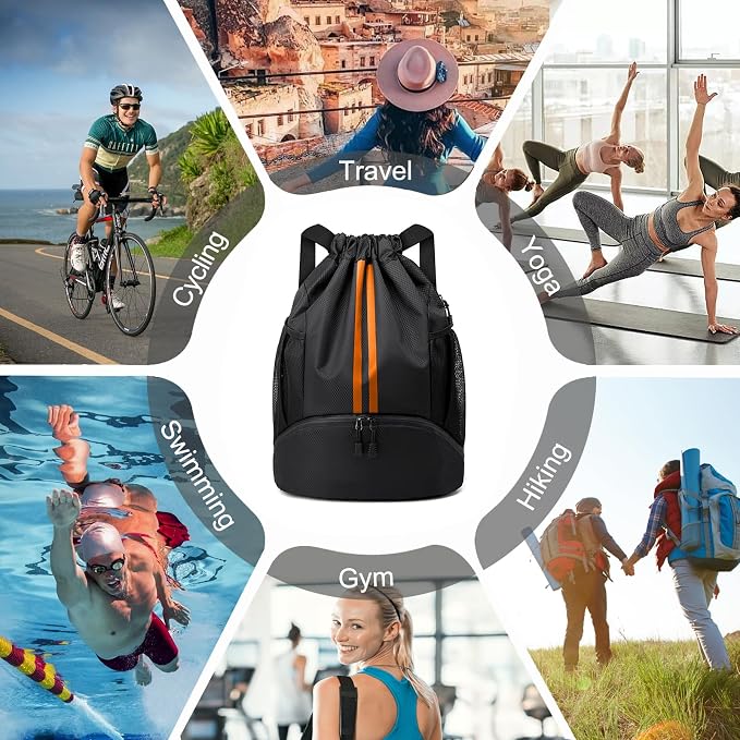Hoedia Sports Drawstring Backpack - Swim Gym Bag for Women and Men | String Bag with Shoes Compartment and Wet Proof Pocket, Adjustable Wider Shoulder Strap, For Soccer, Basketabll, Volleyball