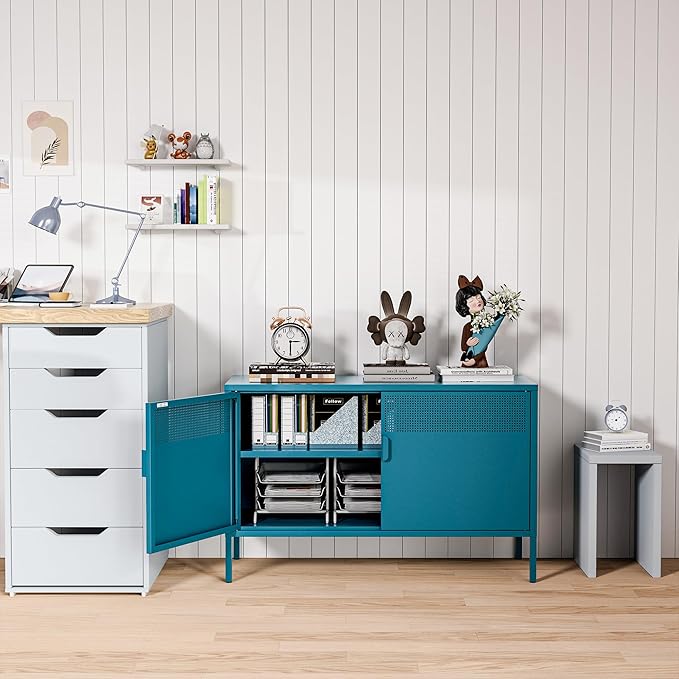 Washsemba 2 Door Storage Sideboard, Metal Storage Cabinet with 2 Adjustable Shelf,Multipurpose Metal Accent Cabinet for Office Home,Music Studio (Peacock Blue, 25''H)