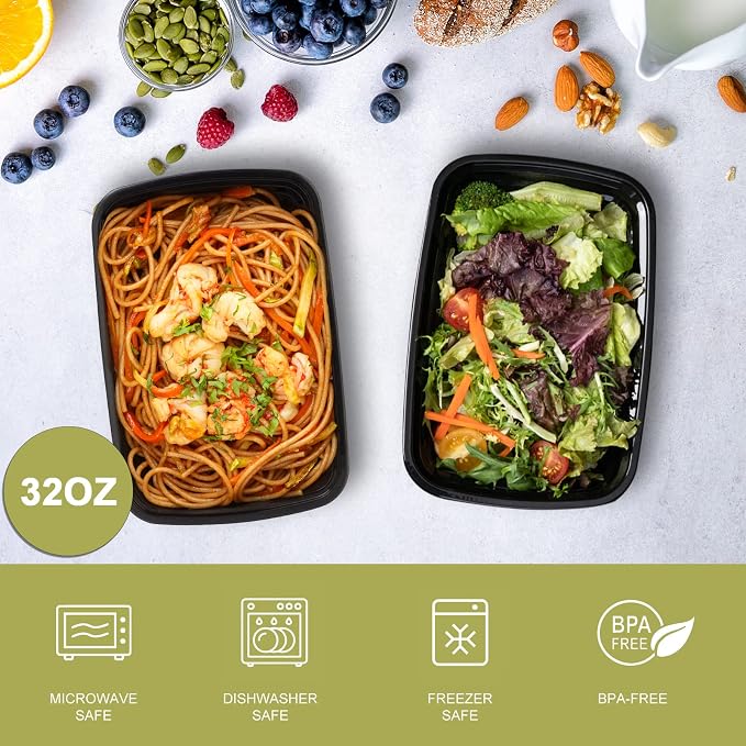 Ezalia 50 Pack- Meal Prep Containers 32oz, Plastic Food Prep Containers Reusable, Leakproof To Go Food Containers with Lids, BPA-Free, Microwave/Dishwasher/Freezer Safe