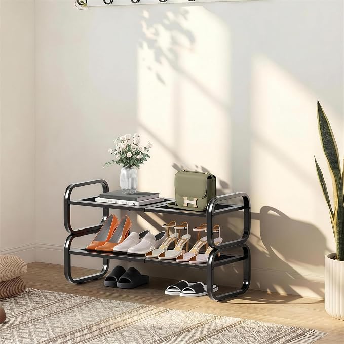 2 Tier Shoe Rack - Expandable Shoe Organizer for Closet, Adjustable Metal Shoe Shelf Storage, Stackable Long Shoe Stand Holder for Garage, Entryway, Door Entrance