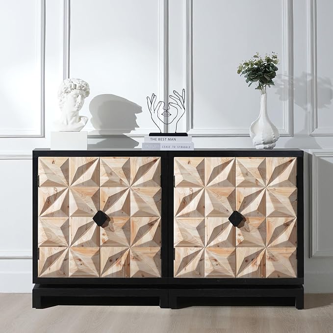 LIFE SKY 3D Geometric Storage Cabinet: Modern Double-Door Wooden Accent Furniture - Creative Studio Organizer & Home Office Decor Solution