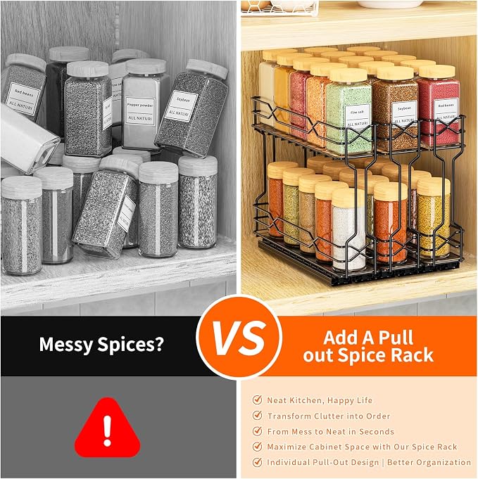 RCHYFEED Pull Out Spice Rack Organizer for Cabinet, Metal Heavy Duty Cabinet Spice Organizer, 2 Tier Slide Out Spice Racks, 7.3 W x10.5 D x8 H, 3 Individual Drawers(2.1" Wide), Jars Not Included