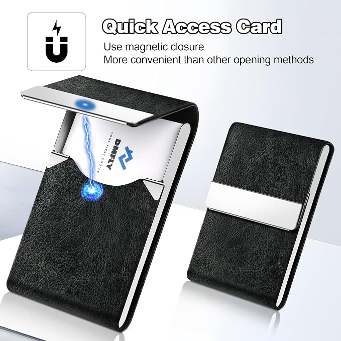 Business Card Holder for Women or Men, Business Card Case with PU Leather and Stainless Steel, Slim Metal Case with Magnetic Closure for Business Meeting Use