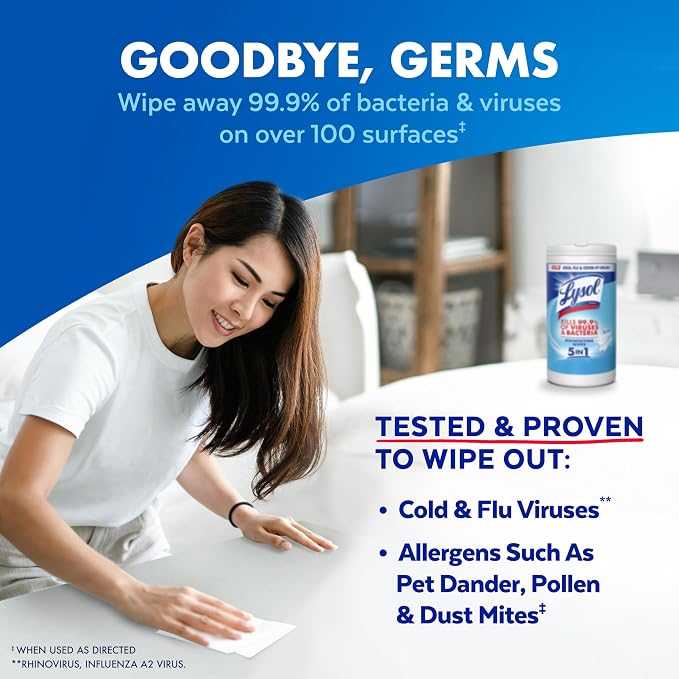 Lysol Disinfecting Wipes, Multi-Surface Cleaner, Crisp Linen, 80 ct. | All Purpose Cleaner, Sanitizing, Deodorizing, Apartment Essentials, Back To School Cleaning Supplies, Kitchen & Bathroom Wipe