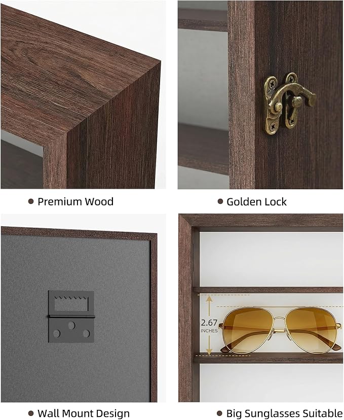 TJ.MOREE Sunglass Organizer Wall Mounted Glasses Holder Display Case 5 Tier | 13 x 15 inches Wooden Storage Box for Multiple Pairs Eyeglasses Sports Sunglasses