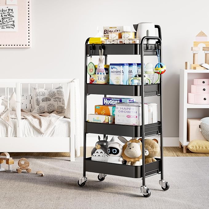 TOOLF 4-Tier Rolling Cart - Metal Storage Organizer with Lockable Wheels, 44 lbs Per Shelf Capacity, Tool-Free Assembly, for Kitchen Bathroom Office Laundry Room Nursery, Black