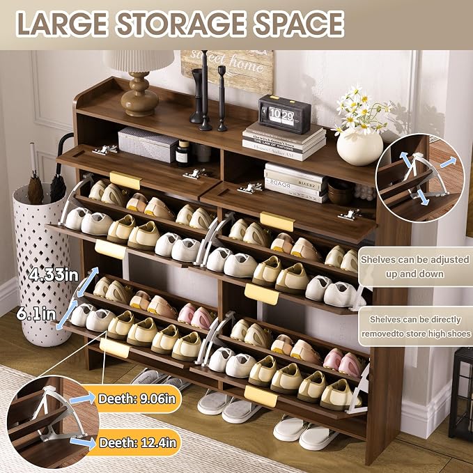 Rattan Shoe Storage Cabinet with 4 Flip Drawers & 2 Drawers, Freestanding Organizer for Front Door Entrance, Hidden Narrow Shoe Rack Cabinet Storage for Entryway, Walnut