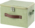 Storage Bins with Zipper Lid Foldable Fabric Lidded Storage Boxes Baskets Cubes Washable Collapsible PU Leather Handle Cotton Linen Fabric Shelf Closet Organizer Container(Green, Small Size)