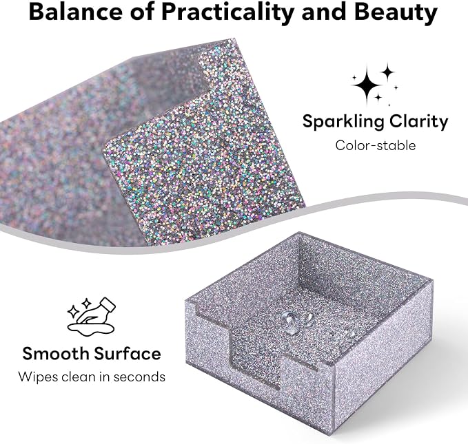 Acrylic Sticky Note Holder 4x4in Tray for Desk, Silver Glitter | Sparkling glitter acrylic tray, fits 3x3 sticky notes, compact organizer for office school and home