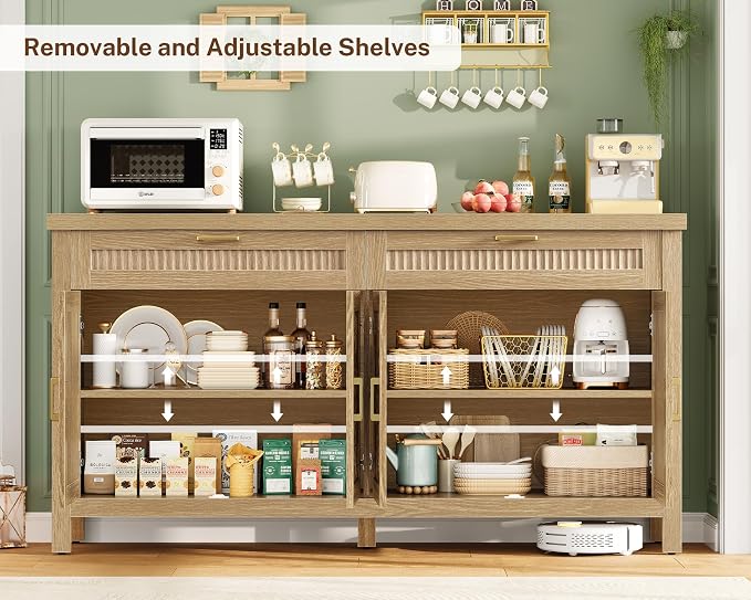 usikey 63" Buffet Cabinet with Storage, 2 Adjustable Shelves and 2 Drawers | Large Sideboard Cabinet, Modern Fluted Coffee Bar for Kitchen, Living Room, Natural