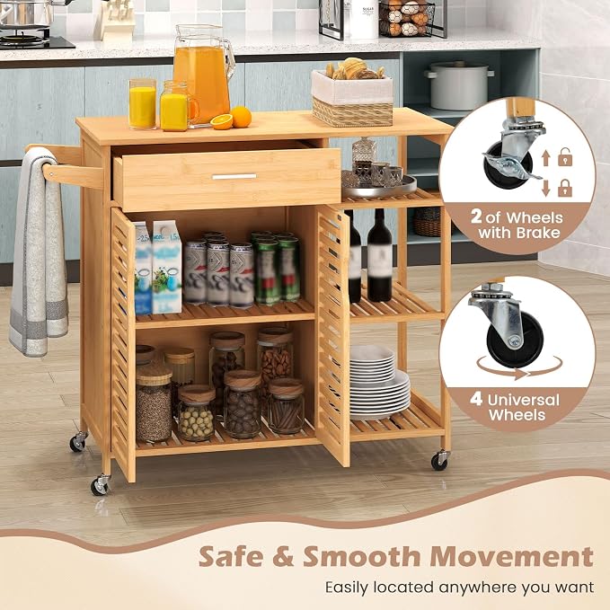Bamboo Kitchen Island Cart, Rolling Butcher Block with Large Drawer, 2-Door Cabinet, 3-Tier Open Shelves, Towel Rack, Kitchen Carts on Wheels with Storage for Dining Room