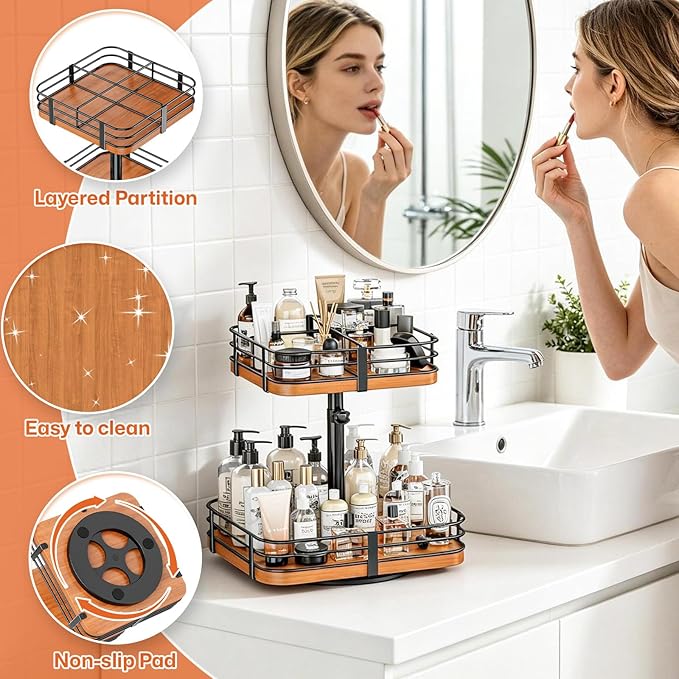 12 Inch Square Lazy Susan Organizer, 2 Tier Adjustable Wood Rack | Removable Divider Rack, 360° Rotating, Adjustable Height, For Pantry, Cabinet, Bathroom & Dining Table