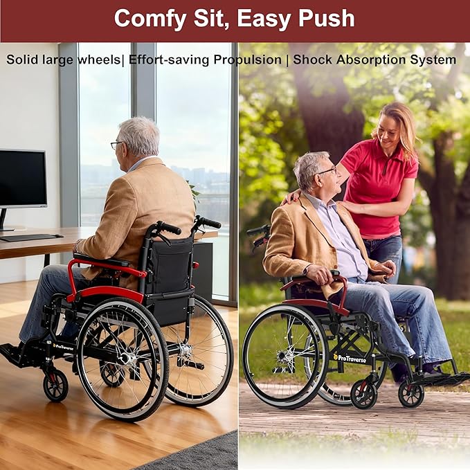 Wheelchairs for Adults,self-propelled Transport Chair,Foldable and Portable Travel Wheelchair with Swing-Away Footrests,Lightweight Transfer Wheelchairs for Adults adnd Seniors（Red）