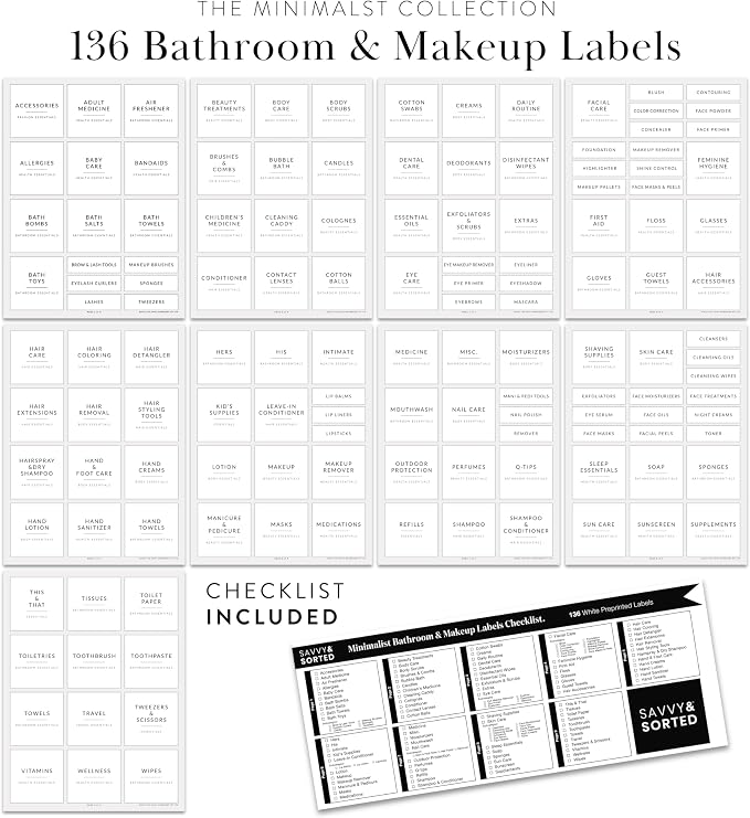 Minimalist Bathroom Labels for Organizing, 136 Preprinted Bath Room and Makeup Organizer Stickers, Waterproof Removable, Soap Shampoo Storage Supplies