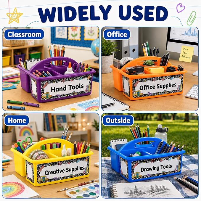 12 Pack Colorful Classroom Caddy Organizer with Composition Notebook Label Stickers 3 Compartments Teacher Supply Storage Caddy Table Caddies Holder for Classroom Desk Office Craft Art School Supplies