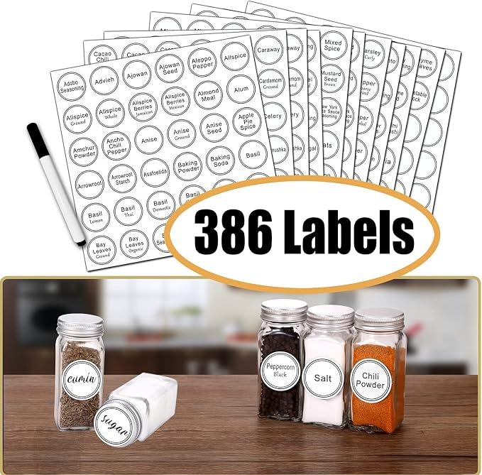 SWOMMOLY 48 Glass Spice Jars with Labels, 4oz Empty Spice Bottles with Lids | 48 Pcs Square Spice Containers with 806 White Spice Labels, Pour/sift Shaker Lid, Airtight Cap, Chalk Marker and Funnel