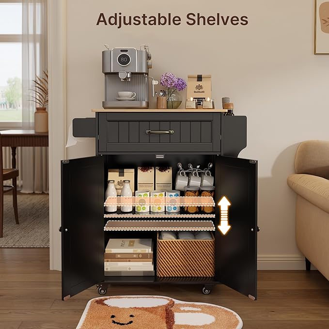 Gizoon 33" W Kitchen Island Cart with Rubberwood Top | Rolling Cart on Wheels with Adjustable Shelf, Drawer, Spice Rack, Towel Bar, Mobile Storage Cabinet for Dining Room, Black