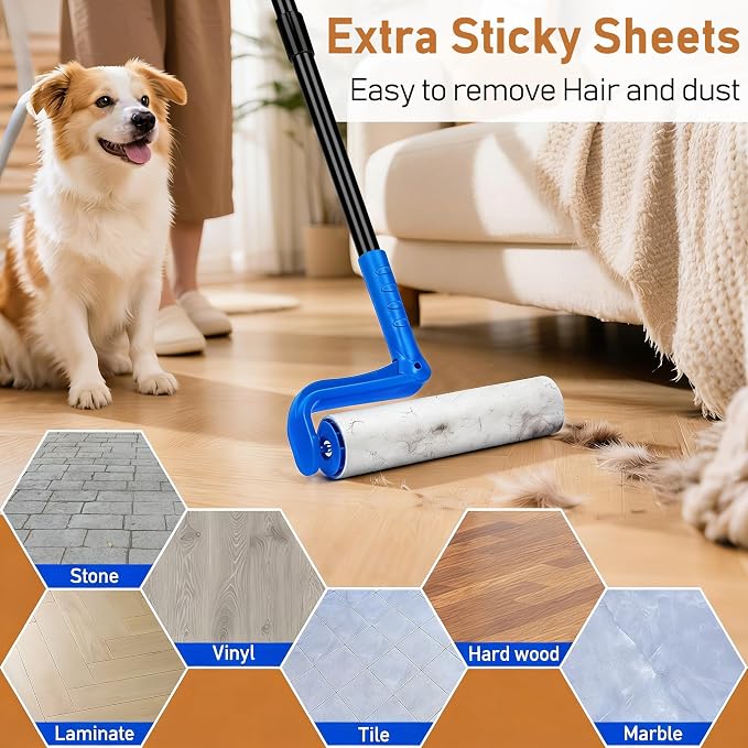 10" Large Lint Roller for Pet Hair Extra Sticky, Floor Lint Rollers Long Handle with Big Lint Rollers Refills for Couch Carpets Furniture Wall Clothing Floor Cleaning, Blue
