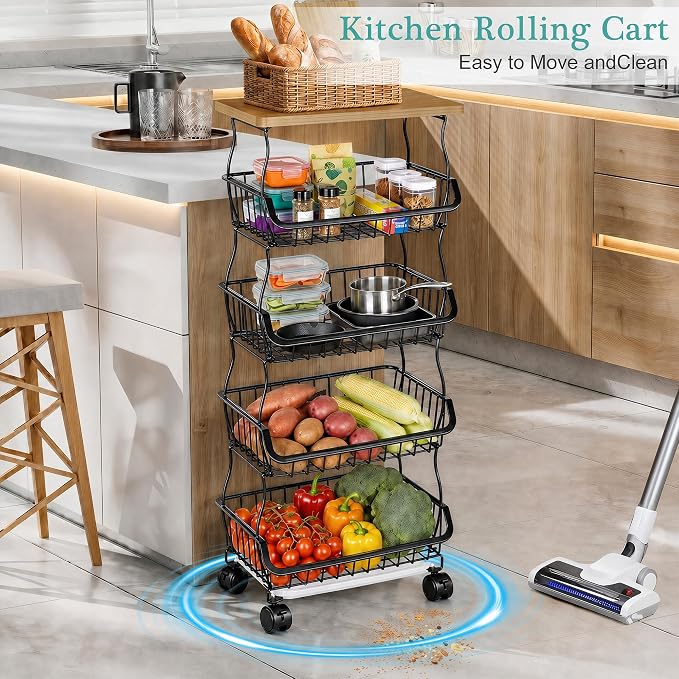 VECELO 5-Tier Fruit Basket with Wheels, Fruit and Vegetable Storage Cart for Kithchen, Stackable Produce Organizer Wire Baskets for Kitchen, Pantry, Living Room