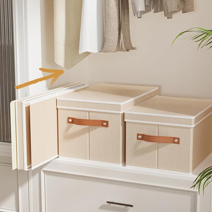 Foldable Storage Bin, 10.2×7.8×6.7 Inch Storage Box with Lid, Closet Organizer for Organizing with Handles, Beige, 1-Pack