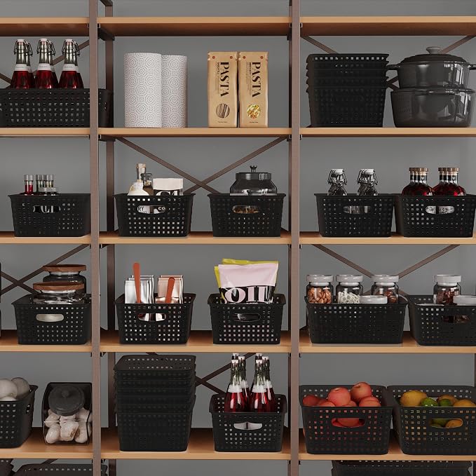 Black Storage Baskets, 12-Pack Stackable Plastic Woven Basket Organizer and Storage, Pantry baskets for Shelves, Cabinets, Classroom, Kitchens, Bathrooms, Countertops and Bedrooms
