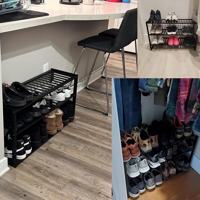 Jripae 3 Tier 32.5inch Long Bamboo Shoe Rack for Entryway Closet Garage | 3 Tier Stackable Shoe Shelf Holder for Men/Women Hallway/Berdroom, Bookshelf, Flower Rack, Home Space Saving