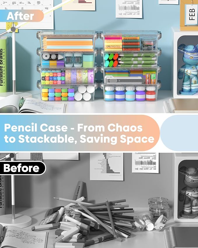 BiuLeon 8 Pack Large Pencil Box Set, Plastic Clear Pencil Case Marker Organizer, Crayon Box Craft Organizers, Stackable Storage Containers with Lid for Pen, Art and Craft Supplies(Grey)