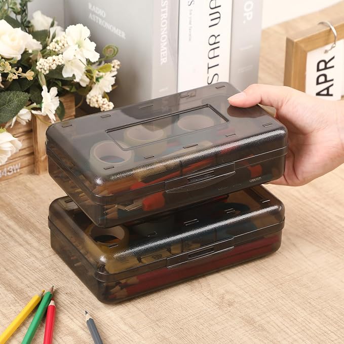 Blulu 6 Pack Large Plastic Pencil Case Box Clear Pencil Boxes Bulk Hard Crayon Box Storage with Snap Lids 8.1 x 4.7 x 2.2 Inch Painting Organizer Classroom Stationery School Supplies (Gray)