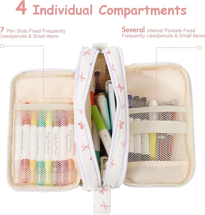 BuyCard Large Capacity Cute Pencil Case, Aesthetic Pen Pouch, White with Pink Bow Pattern Pencil Bag, Kawaii Stationery Storage and Organizer, Supplies for Teen and Adult Girls