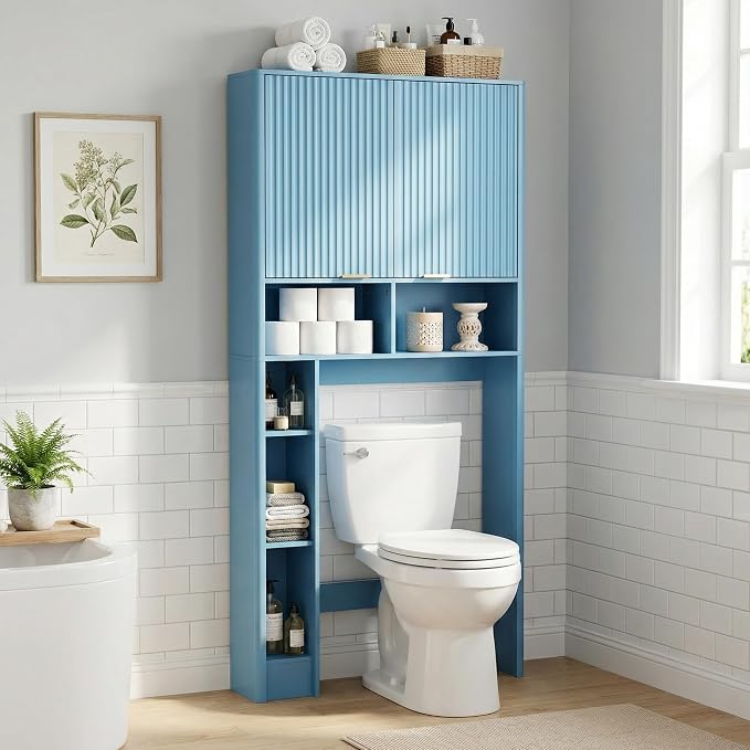 AKMAKM 31" W Over the Toilet Storage Cabinet with Fluted Door, Blue Bathroom Organizer with Adjustable Shelf, Toilet Paper Holder Stand Wave Door for Restroom, Laundry Room