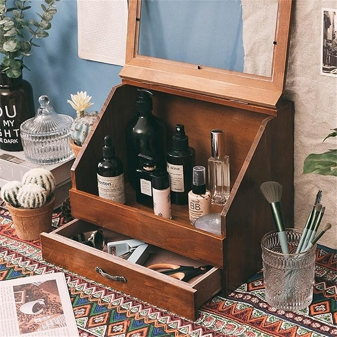 Solid Wood Desktop Storage Box Bedroom Dresser Skin Care Product Wooden Storage Drawer Retro Style Perfume Dustproof Cabinet