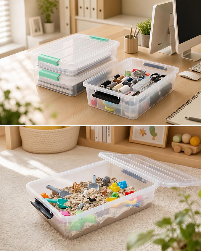 AREYZIN 6 Qt Clear Storage Bins with Lids,Stackable Plastic Storage Containers with Secure Latches,Multi-Purpose Classroom Storage Organizer for Craft Supplies,Paper & Office Stationery,6 Pack