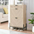 Shoe Cabinet with 2 Flip Drawers, Narrow Entryway Rack, Oak | Slanted Wood Grain, Freestanding, Adjustable Compartments, Removable Middle Shelf, Metal Handles, for Hallway Foyer Entrance