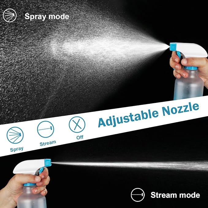 16.9oz/500ml Plastic Spray Bottles 2 Pack, Adjustable Mist Stream | Heavy Duty refillable spray containers for plant care, hair mist and household cleaning