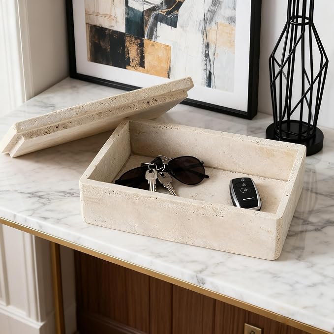 Natural Travertine Rectangular Box with Lid | Natural travertine box for jewelry, makeup pads, clips and dry small vanity essentials.
