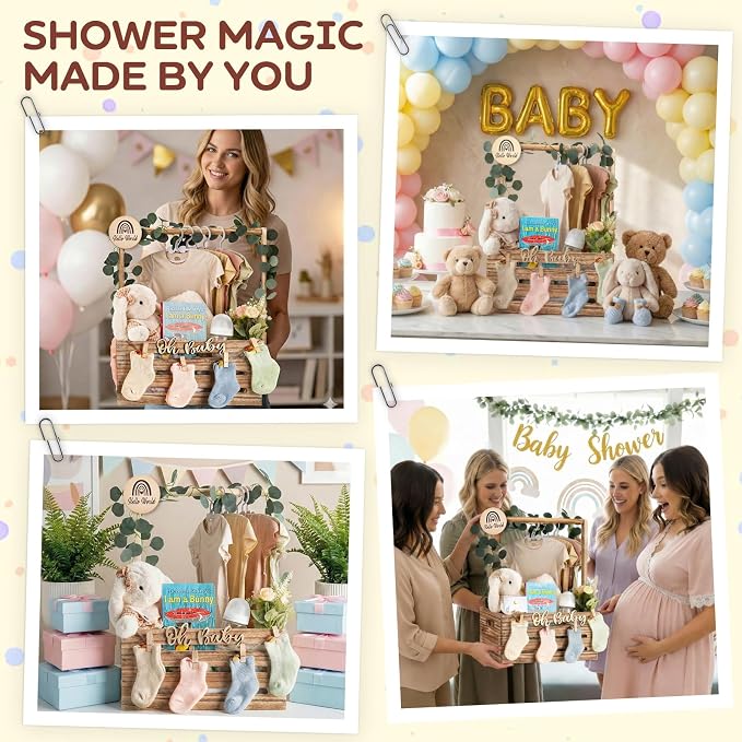 Wooden Baby Shower Crate Closet - Personalized Baby Gift Baskets with Hangers and Handle, Brown Large Newborn Boy Girl Clothes Storage Box for Newborn New Parent