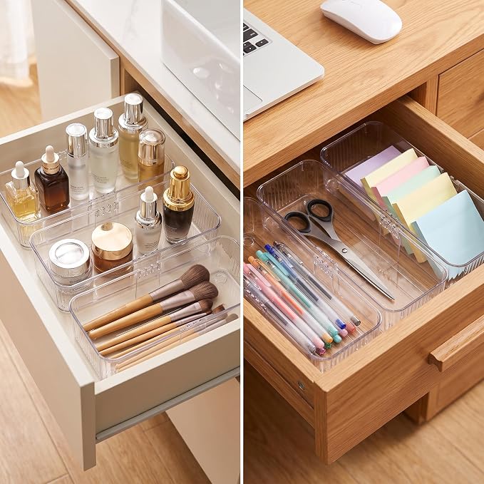 4-Piece Expandable Drawer Organizer Bins | Clear Plastic Adjustable Storage Trays Set for Kitchen Drawers, cutlery silverware,Refrigerator, Cabinet & Pantry