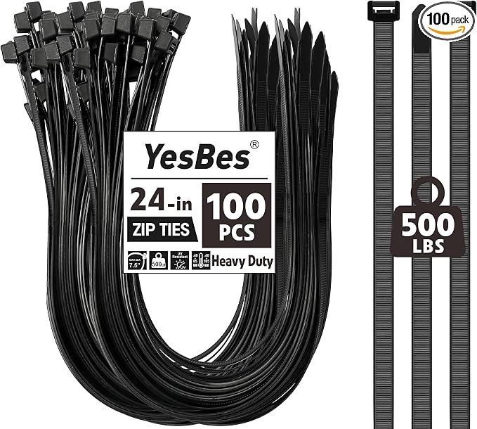 100 PCS Zip Ties 24 Inch Heavy Duty, Large Cable Ties 500lbs Tensile Strength, Black Zip Ties for Indoor and Outdoor Use, UV Resistant Wire Ties