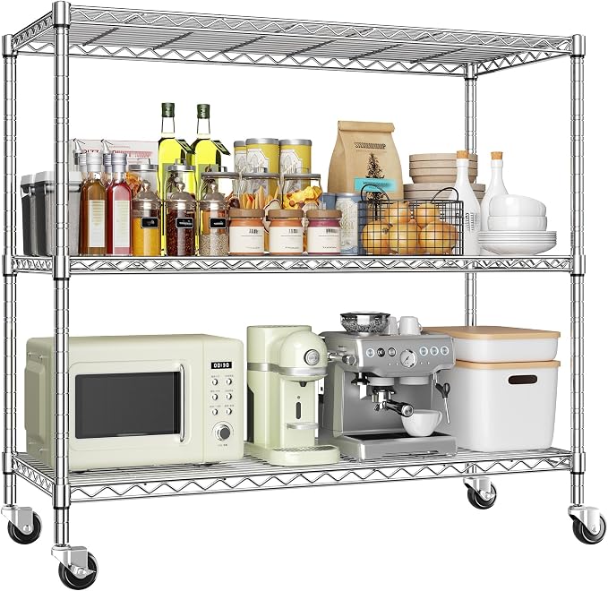 DurayLoly 45" W 3-Tier Metal Shelf on Wheels,450lbs,Kitchen, Laundry,Garage | 19mm chrome steel, 150 lbs/shelf, lock casters or switch to leveling feet, tool-free setup, fits pantry & bedroom