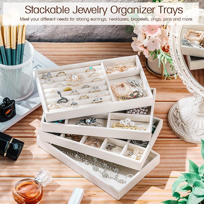 Kenning 16 Pcs Stackable Jewelry Organizer Trays for Drawers, Velvet Jewelry Drawer Inserts Trays Earring Organizer, 8. 3x5x1 Inch Dresser Ring Easter Earring Storage Display for Women Teacher Gifts