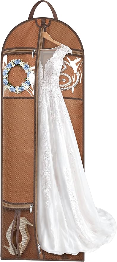 MISSLO 72" Wedding Dress Garment Bag for Travel with 4 Large Pockets Dress Bags for Gowns Long Heavy Duty Dresses Protector Bag for Closet Storage Clothing Covers for Hanging Clothes, Beige