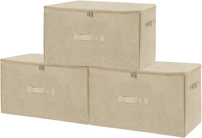 ANMINY 3PCS Storage Bins with Zipper Lids 51.9 Qt Lidded Fabric Storage Boxes Baskets Cubes with Handles Collapsible Washable Cotton Linen Closet Shelf Clothes Organizer - Beige, Extra Large