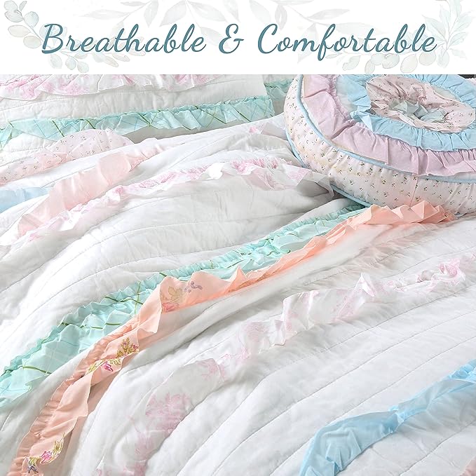 Cozy Line Home Fashions Light Pink Blue Coral White Ruffle 100% Cotton Reversible Girl Quilt Bedding Set, Reversible Coverlet Bedspread (Shabby Chic, Twin - 3 Piece)