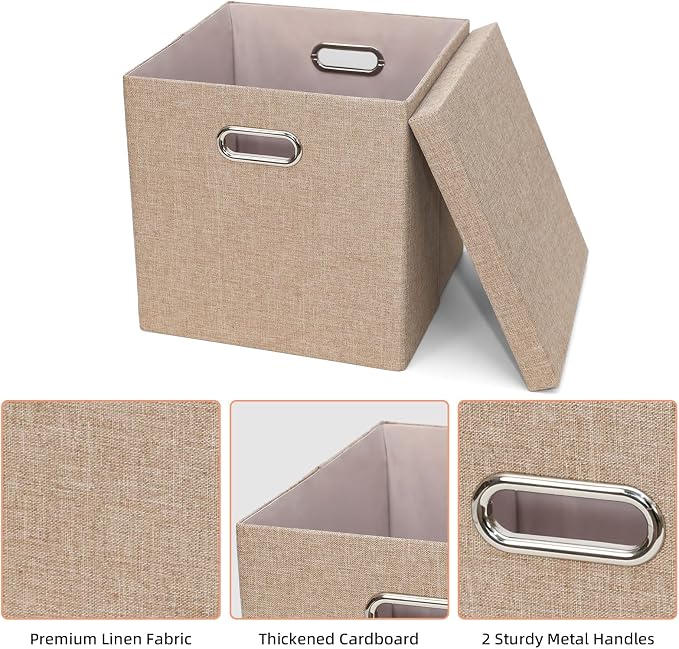 Storage Bins with Lids, Collapsible Linen Fabric Boxes Organizer Containers with Lid Foldable Storage Box Basket for Closet, Shelves, Home, Office, 11 x 11 x 11.4 Inch, 4 Pack, Khaki