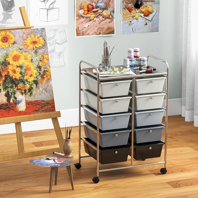 BECOMFORT 10-Drawer Rolling Cart with Drawers, Storage Cart on Wheels, Teacher Classroom Organizers with Metal Frame, Mobile Craft Cart, Trolley Utility Cart for School Office Play Room