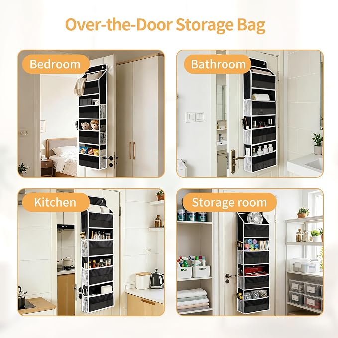 Over the Door Organizer, Door Storage Organizer with Large Capacity Pockets, Hanging Shelves for Bedroom, Closet, Dorm, Pantry (Black, 5-Tier)