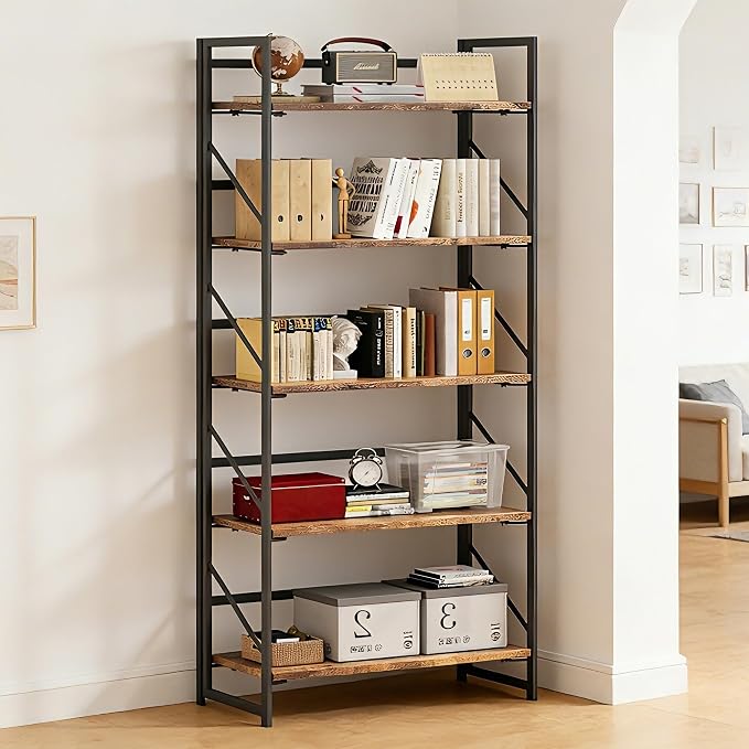 JSB No Assembly Folding Bookshelf, 5 Tier Industrial Metal Book Shelf for Storage, Vintage Wood Foldable Bookcase for Living Room, Bedroom, Office Organization Shelves
